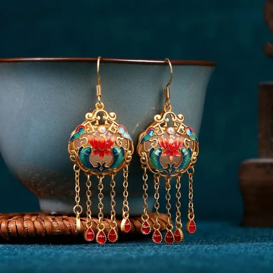 KyLin Aura Abundance & Peace: Classic Oriental Tassel Earrings with Faux Jade