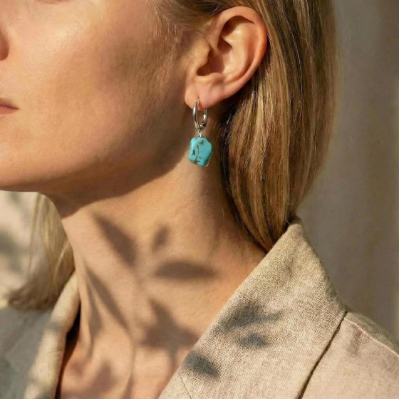 Tibetan Natural Turquoise Nugget Hoop Earrings | Goddess Tara Blessing | Gift for Girlfriend, Mom