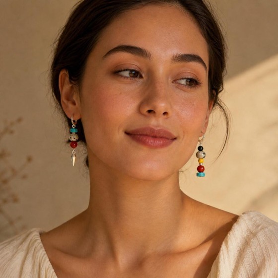 Tibetan Asymmetric Galsang Flower Cloisonne Earrings | Natural Stone & Red Tassel Gift for Her, Mom