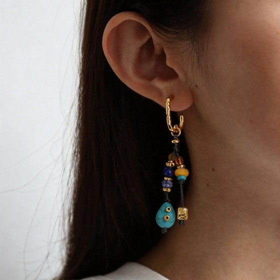 Unique Asymmetrical Turquoise Dangle Earrings Antique Gold Ethnic Refined Medieval Jewelry Gift For Her