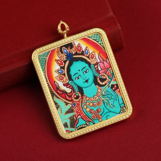 KyLin Aura Tibetan Hand-Painted Green Tara Thangka Pendant Necklace