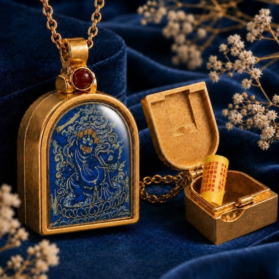 Blue Acala Fudo Myoo Prayer Box Necklace Tibetan Protection Amulet Gift for Men
