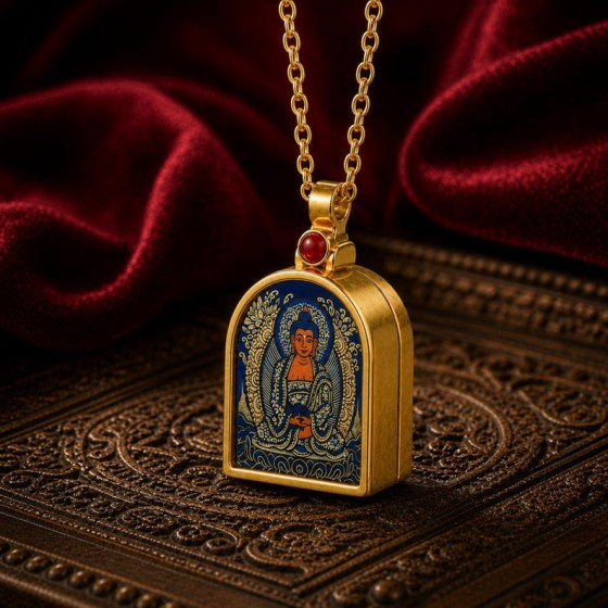 Buddha Necklace, Blue Amitabha Thangka Pendant, Peaceful Meditation Jewelry, Mini Prayer Box Gift