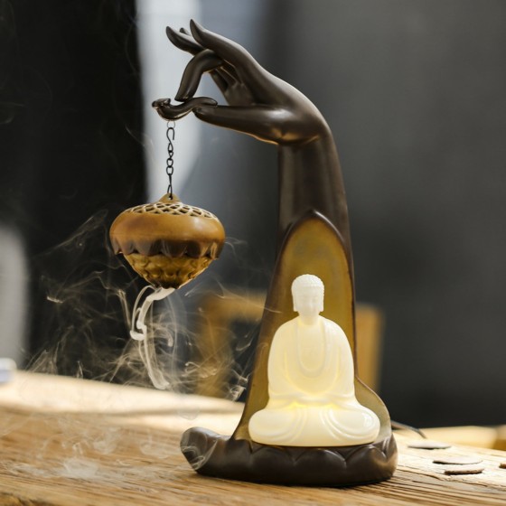 KyLin Aura Buddha Hand Touching Flower Ceramic Backflow Incense Burner