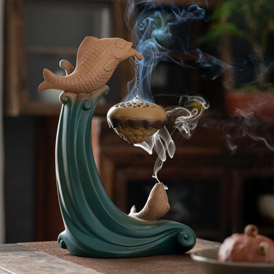 KyLin Aura Carp Jumping Over the Dragon Gate Ceramic Backflow Incense Burner