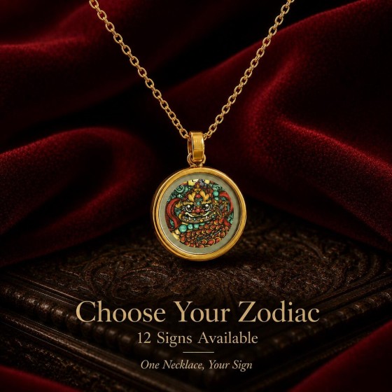 Chinese Zodiac Necklace, 12 Animal Thangka Inspired Pendant, Gold Round Birth Year Jewelry Gift