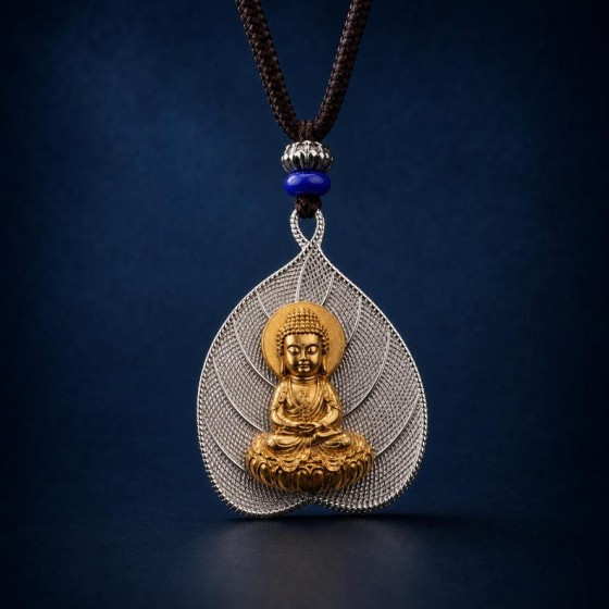 Dainichi Nyorai Leaf Pendant, Vairocana Buddha Wisdom Amulet Necklace