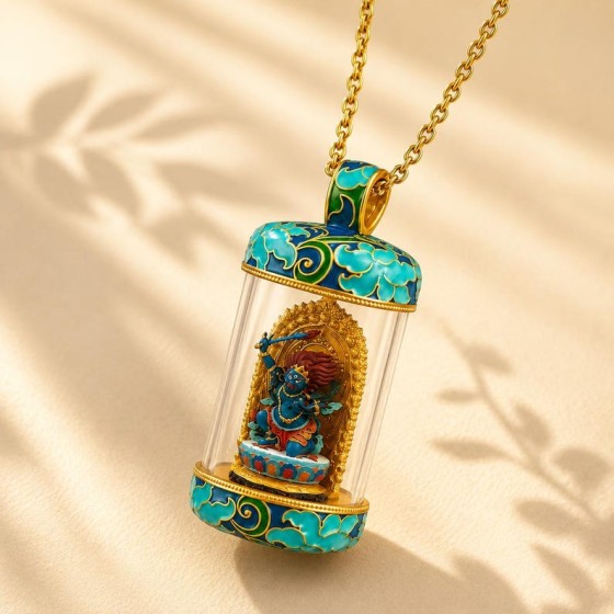 Hand-Painted Acala Miniature Shrine Necklace, Brass Enamel Art Pendant, Collectible Sacred Keepsake