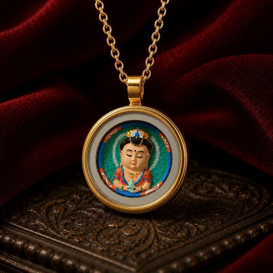 Hand Painted Buddha Necklace, Tiny Treasure Tibetan Art Jewelry, Miniature Carving Buddhist Figurine