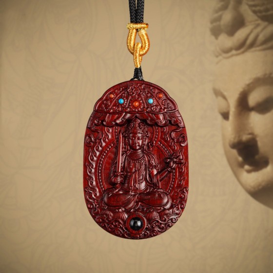 KyLin Aura Hand-Carved Purple Sandalwood Guardian Buddha Pendant Necklace