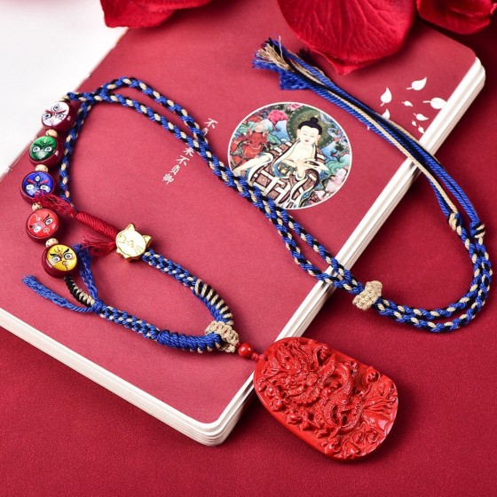 KyLin Aura Hand-Carved Tibetan Dragon Totem Cinnabar Pendant Necklace