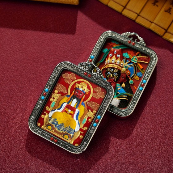 KyLin Aura Hand-Painted White Copper Tibetan Buddhist Pendant Necklace with Cinnabar