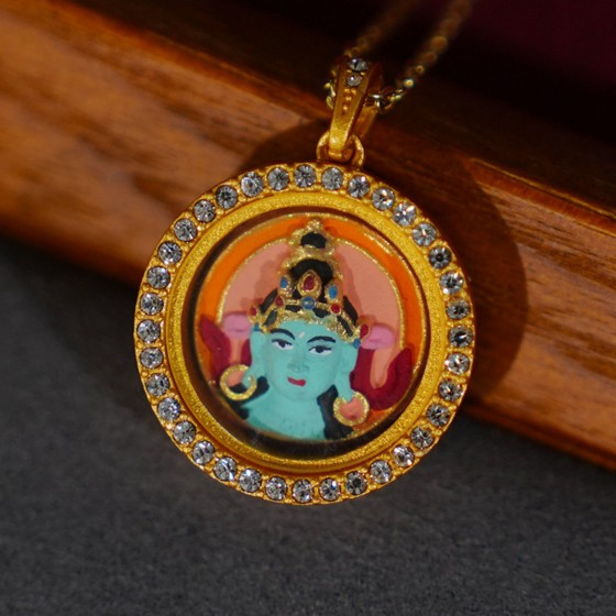 KyLin Aura Modern Style Round Green Tara Thangka Pendant Necklace