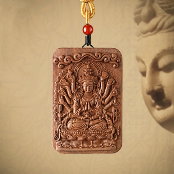KyLin Aura Sandalwood Hand-Carved Thousand-Armed Guanyin Buddha Pendant Necklace