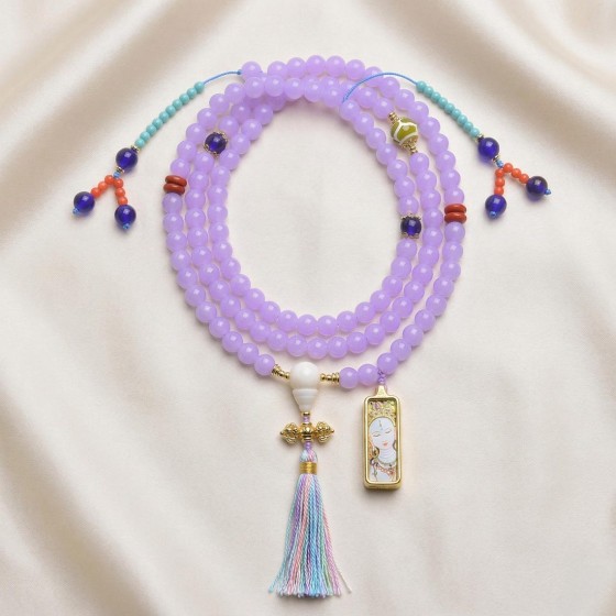 Natural Purple Agate 108 Mala Necklace White Tara Pendant Buddhist Prayer Beads Gift Ready