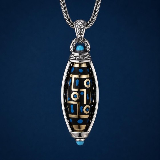 Om Mani Padme Hum Necklace, Tibetan Mantra Pendant, Blue Inlay Unisex Buddhist Jewelry