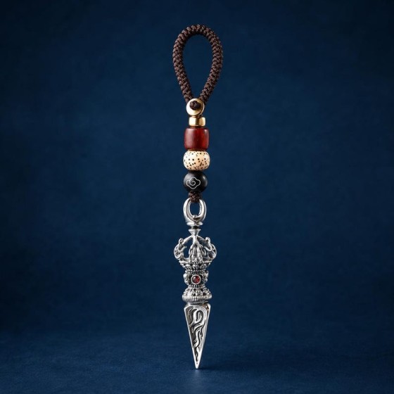 Phurba Keychain, Tibetan-Inspired Beaded Bag Charm, Silver-Tone Symbolic Keyring