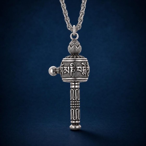 Prayer Wheel Necklace, Rotating Om Mani Padme Hum Pendant, Vintage Tibetan Mantra Spinner Jewelry