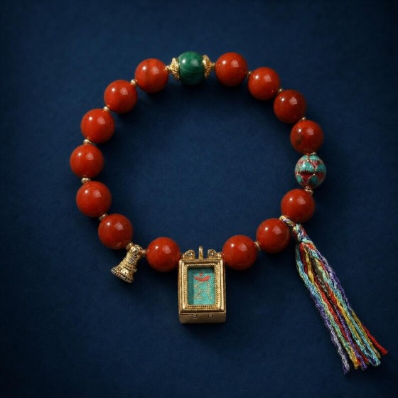 Natural Red Agate Manjushri Seed Syllable Thangka Bracelet Gift Ready
