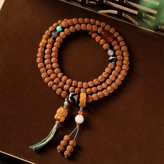 Tibetan 108-Bead Rudraksha & Jade Mala Bracelet