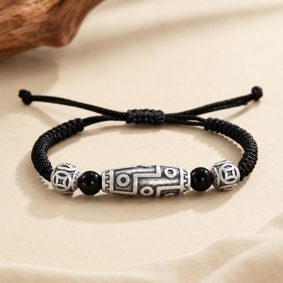 Tibetan Dzi Bead Bracelet, Handmade Cord, Silver Amulet, Meditation, Yoga, Adjustable