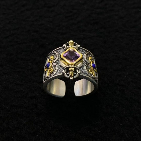 Tibetan Handmade Amethyst & Sterling Silver Vajra Adjustable Ring