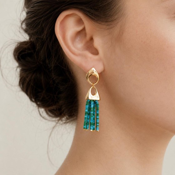 Tibetan Inspired Beaded Tassel Earrings, Turquoise Green Brass Dangle Earrings, Spiritual Gift