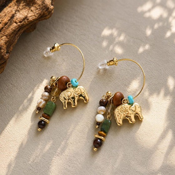 Tibetan Inspired Elephant Hoop Earrings, Turquoise Jade Beaded Dangle Earrings