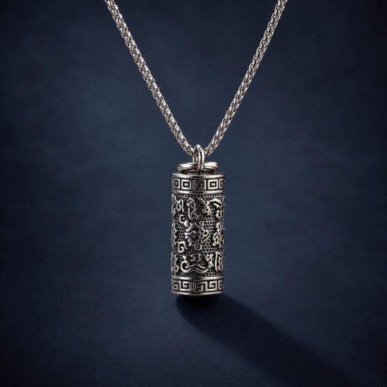 Tibetan-Inspired Mantra Prayer Box Necklace, Secret Compartment Cylinder Locket, Unisex Keepsake Pendant