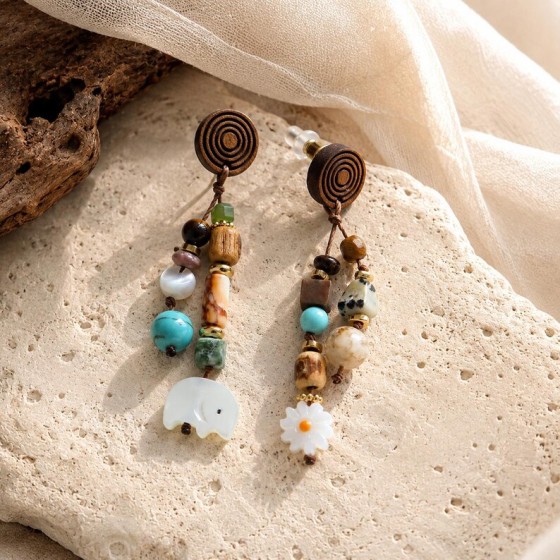 Tibetan Inspired Turquoise Mother of Pearl Elephant Earrings, Long Beaded Dangle Earrings