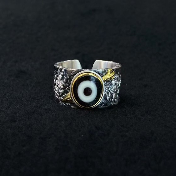 Tibetan Phurba Vajra Dzi Bead Sterling Silver Adjustable Ring