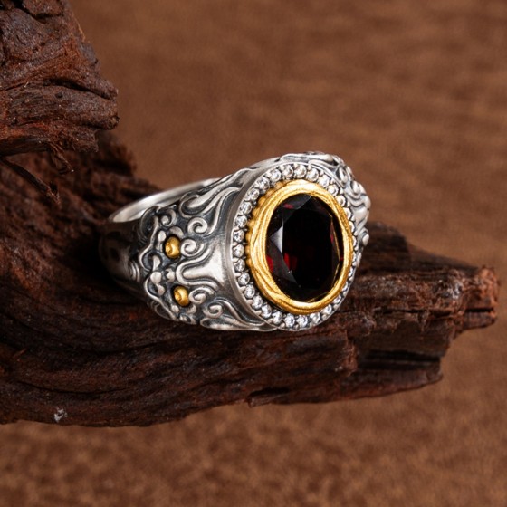 Tibetan Protector Zhibazha Sterling Silver Gemstone Adjustable Ring