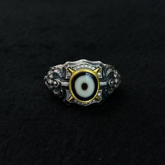 Tibetan Yamantaka Dzi Bead Sterling Silver Adjustable Ring