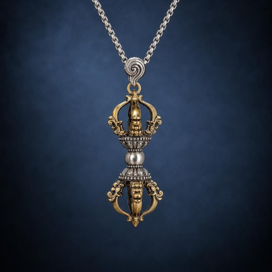 Two-Tone Five-Pronged Vajra Pendant Tibetan Antique Amulet Necklace Gift for Him
