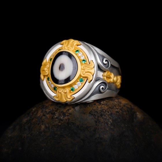 Vajra Dzi Bead & Crystal Sterling Silver Adjustable Ring