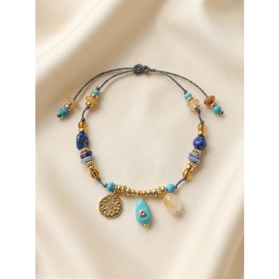 Vintage Ethnic Turquoise Lapis Lazuli Braided Bracelet Antique Gold Starburst Light Luxury Gift Mom