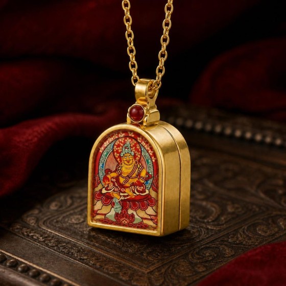 Yellow Jambhala Necklace, Openable Tibetan Prayer Box Pendant, Titanium Spiritual Gift