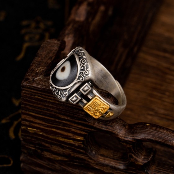 Zakiram Sterling Silver Dzi Beads Tibetan Buddhist Ring