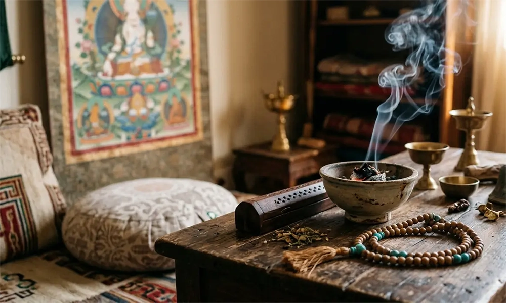 Founder journey inspired product still life with thangka jewelry and travel objects