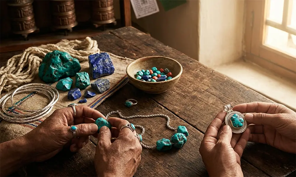 Daily ritual setting with thangka jewelry mala beads and incense bundle