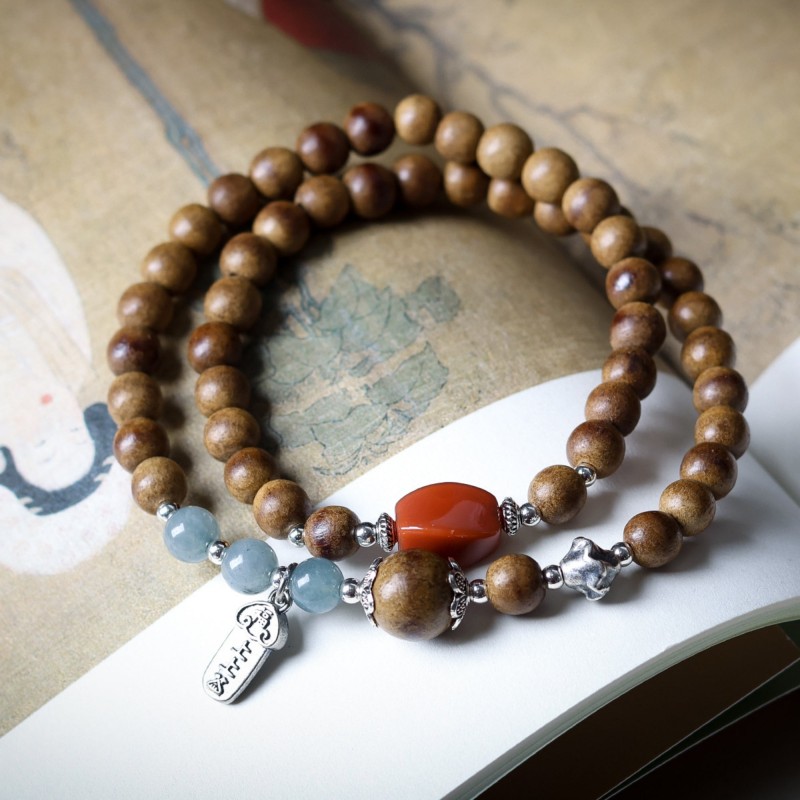 Agarwood and red agate mala wrap bracelet
