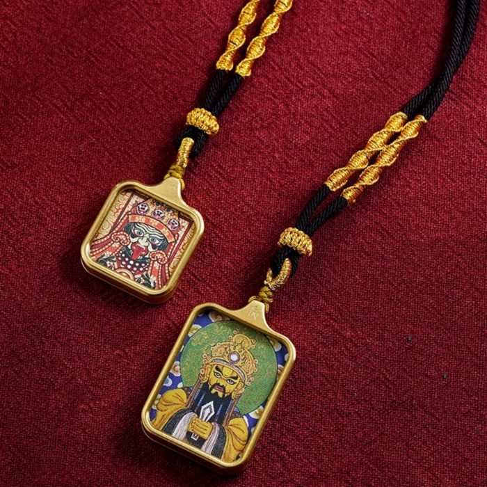 Hand-painted Tibetan thangka pendant necklaces with gold-tone frames and cord