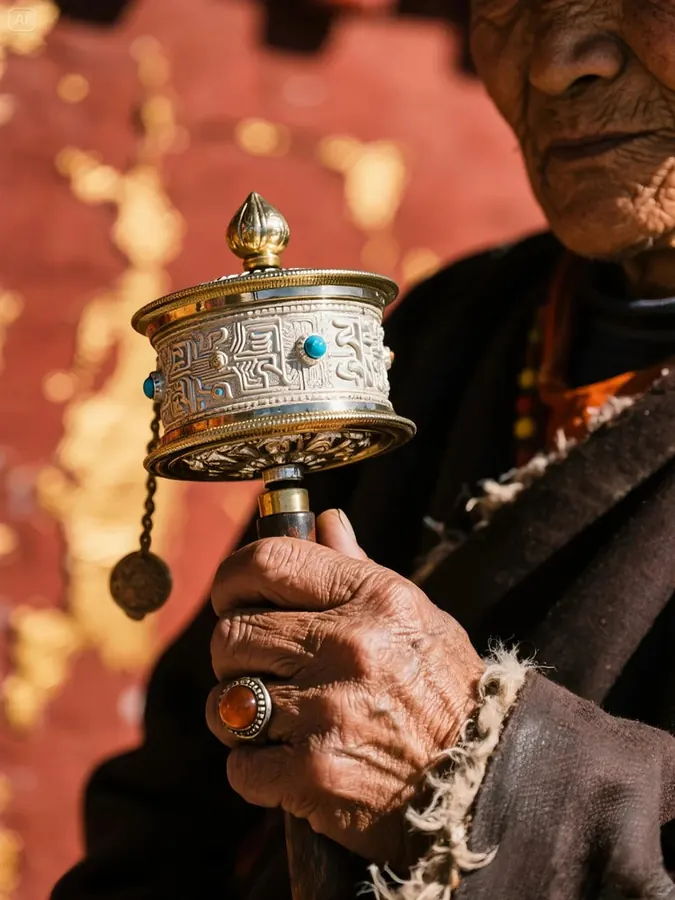 Traditional Tibetan prayer wheel with mantra details