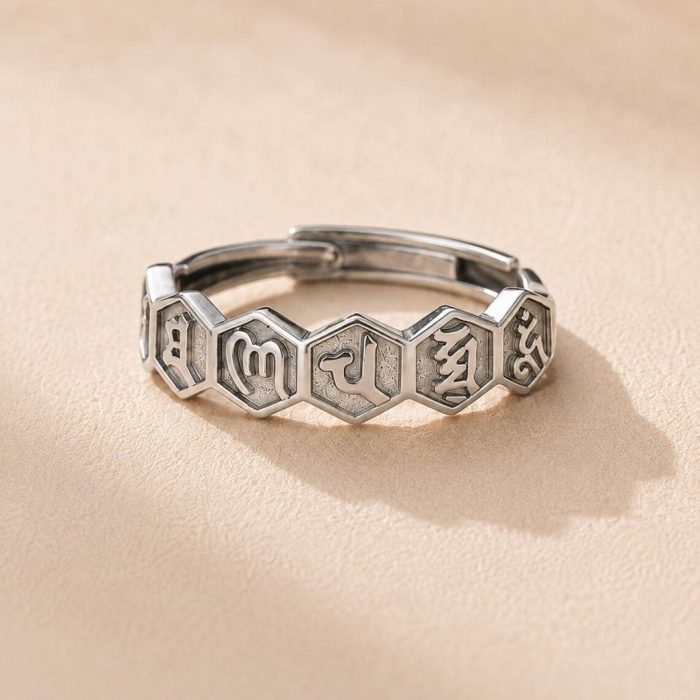 Tibetan sterling silver six-syllable mantra ring with hexagonal Sanskrit-style panels