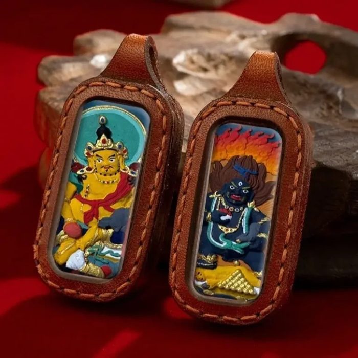 Double-sided hand-painted thangka Buddha pendants in leather cases