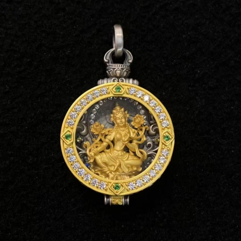 KyLin Aura hand-carved Green Tara silver Gawu box pendant