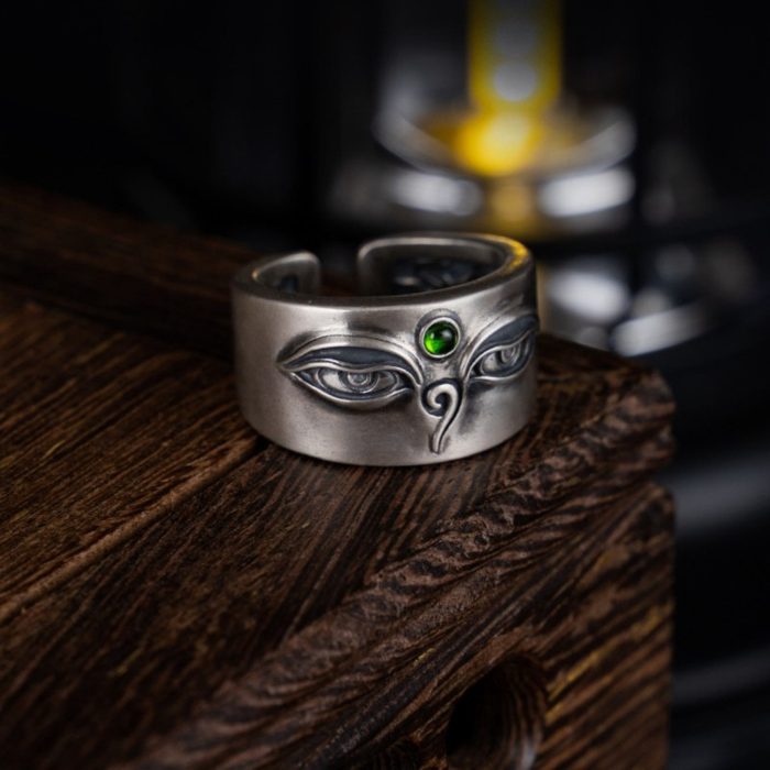 Green Tara sterling silver Tibetan Buddhist ring with adjustable opening
