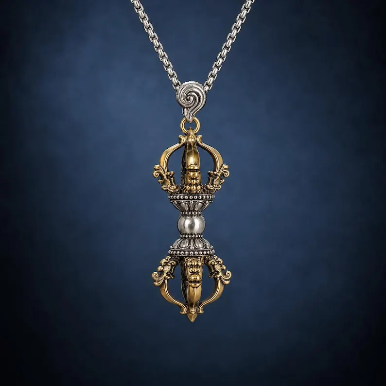 KyLin Aura two-tone white copper and brass five-pronged vajra pendant