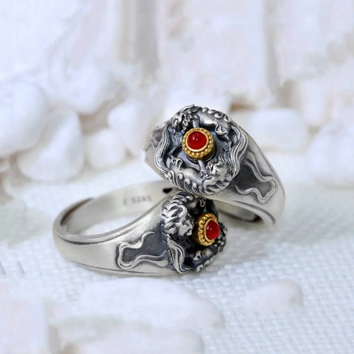 KyLin Aura snow lion ruby sterling silver ring, a different animal motif