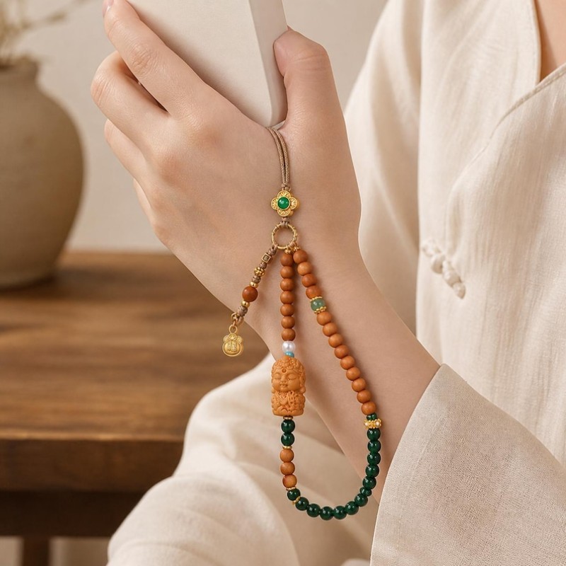 Green Tara and White Tara phone wrist strap with agarwood beads